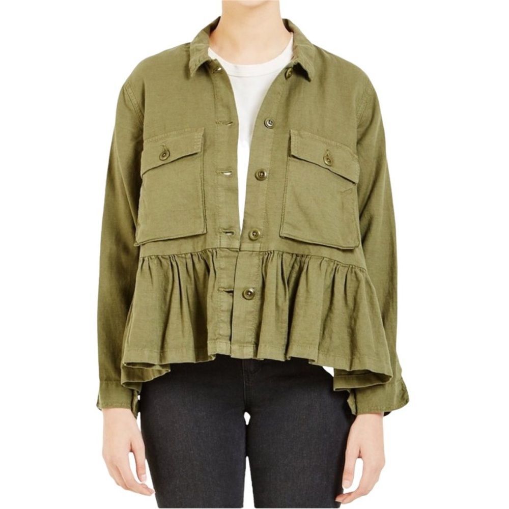 The GREAT. Flutter Peplum Military Cropped Jacket Green Size 1 small